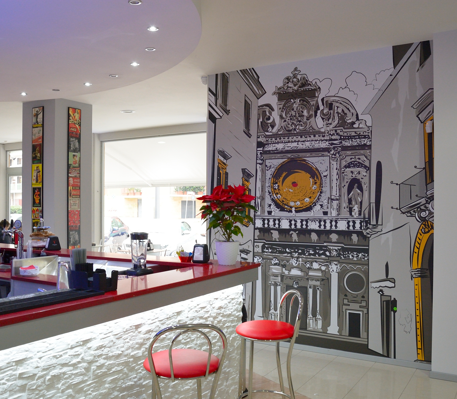 Santa Croce Allestimento Bar Leopardi - chiara rescio con disegni di Lecce città Progetto di allestimento del bar Leopardi di Lecce, ispirato ai fumetti e all'arte pop