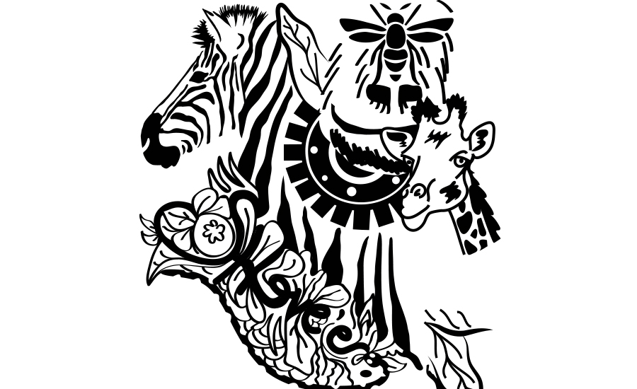 disegno t shirt jungle complessa con animali della savana in bianco e nero zebra e giraffa