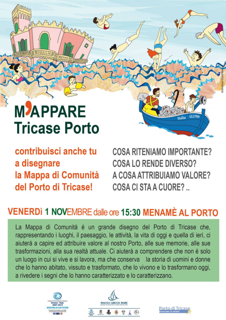 locandina illustrata degli incontri del Porto Museo Tricase mappa di comunità